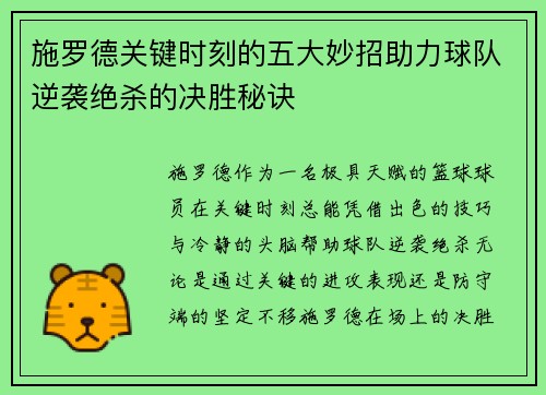 施罗德关键时刻的五大妙招助力球队逆袭绝杀的决胜秘诀